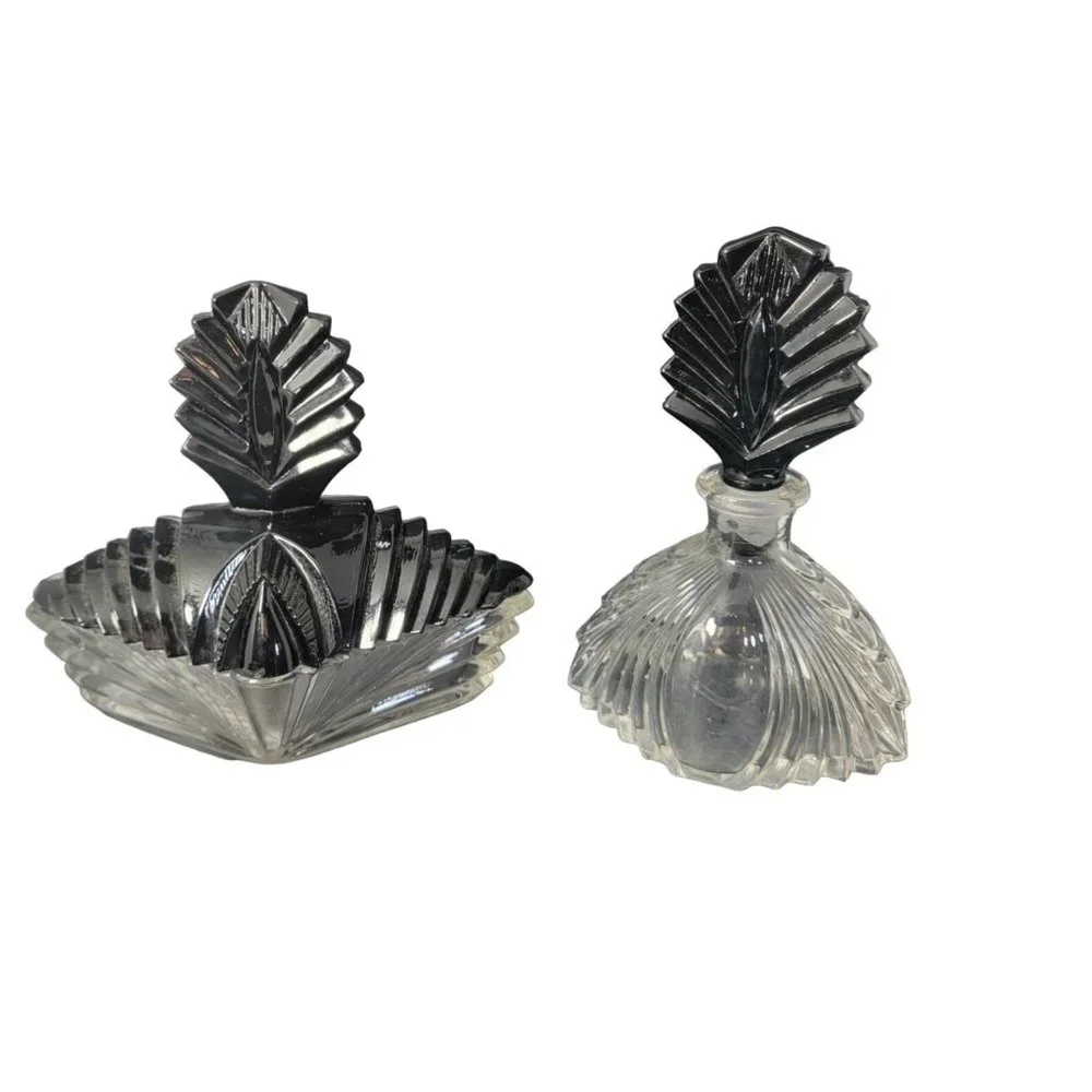 Stunning Vintage Vanity Set Martinsville 1920s Black/Clear Glass Vanity Art deco